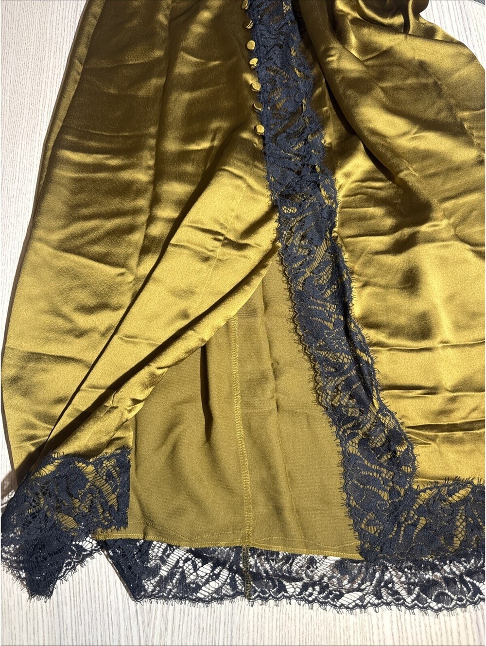 Victoria’s Secret Satin Gold Bronze Midi Slip Skirt Black Lace Button Trim X - Picture 10 of 12